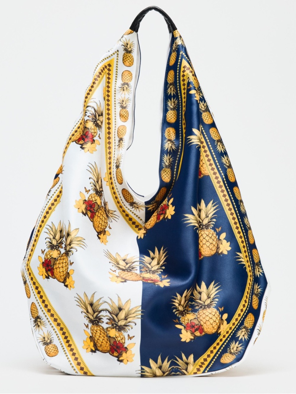 Zara Navy White Pineapple Floral Print Satin Hobo Shoulder Bag Tote